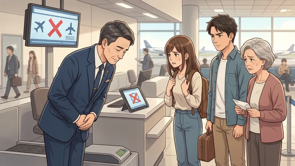 欠航した朝便について乗客に謝罪する航空会社責任者