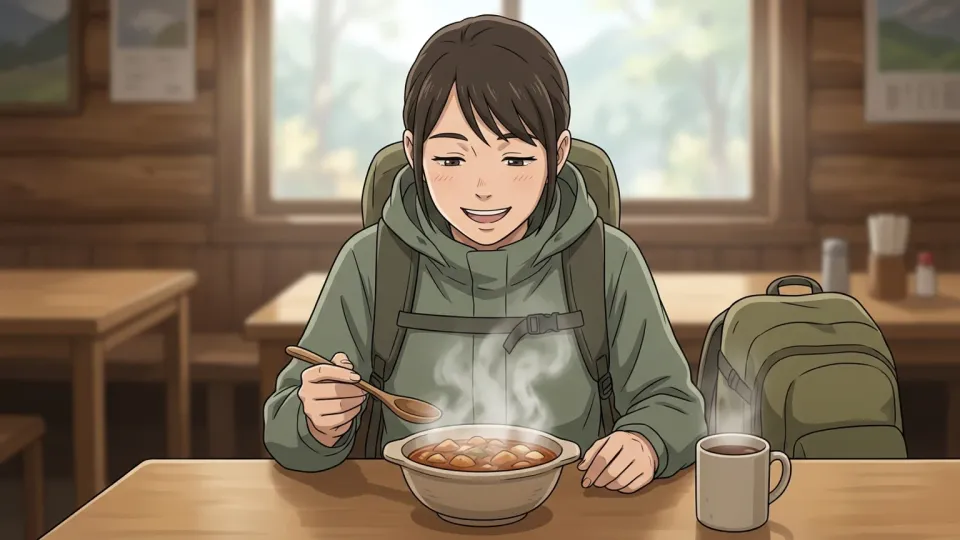 食欲をそそる料理を前にした人物のイラスト