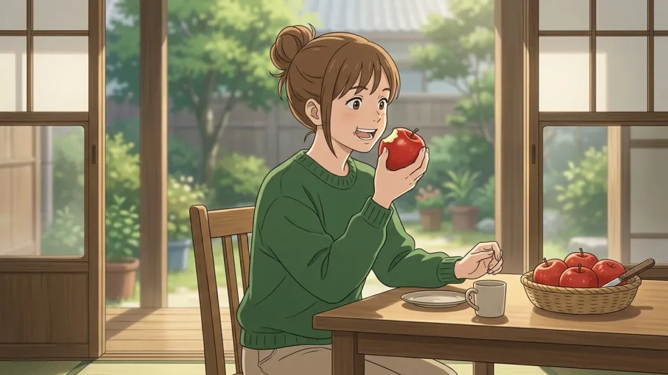 赤いリンゴを食べる女性