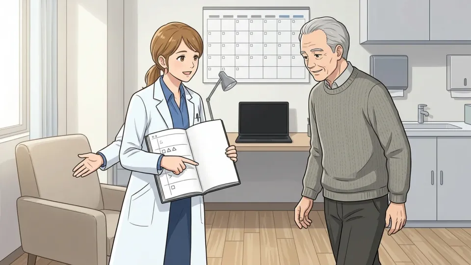 医者と患者がカレンダーを見ながら面会約束を確認しているイラスト