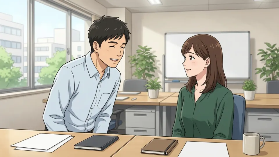 同僚に助けてもらったことへ感謝を伝える様子