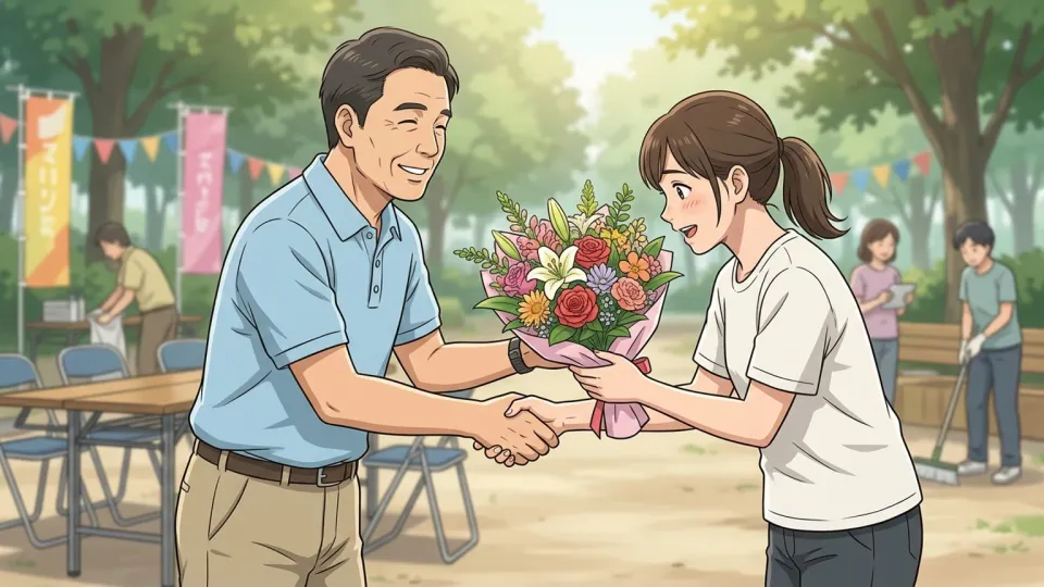 イベント責任者が協力への感謝としてボランティアに花束を贈っている