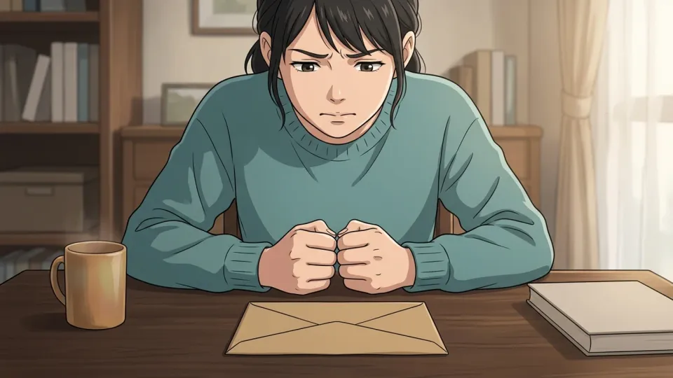 試験の結果を不安そうに待つ女性の姿。