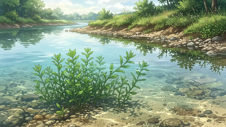 川の浅瀬に群生する水生植物の様子