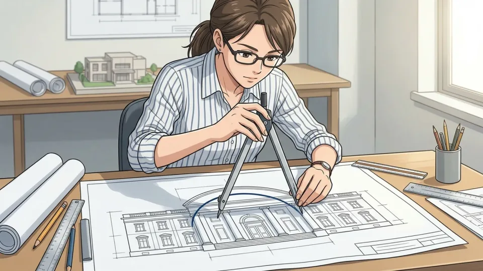 正面入口の上に大きな弧を描く建築家