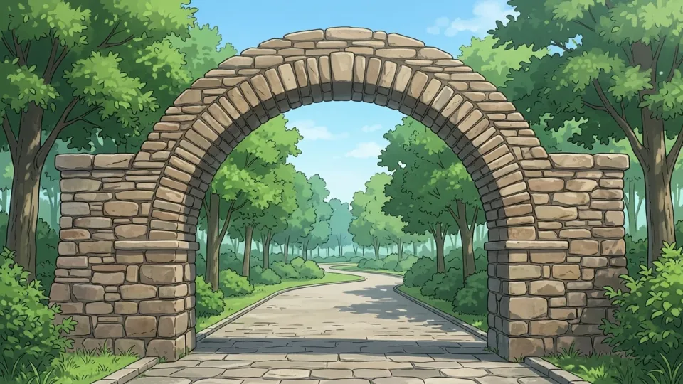 公園の入り口にある石造りのアーチ