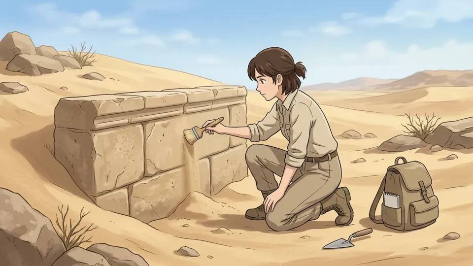 砂漠で古代の遺跡を発掘する研究者の様子