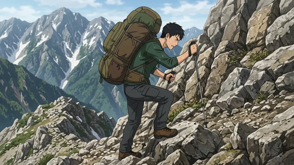 急な山を重い荷物を背負って苦労しながら登る登山者