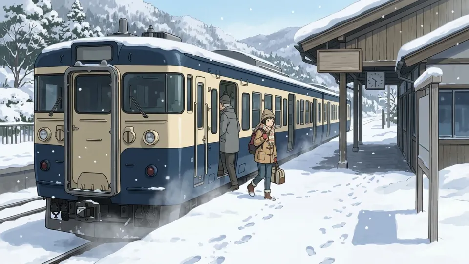雪のホームに到着する列車