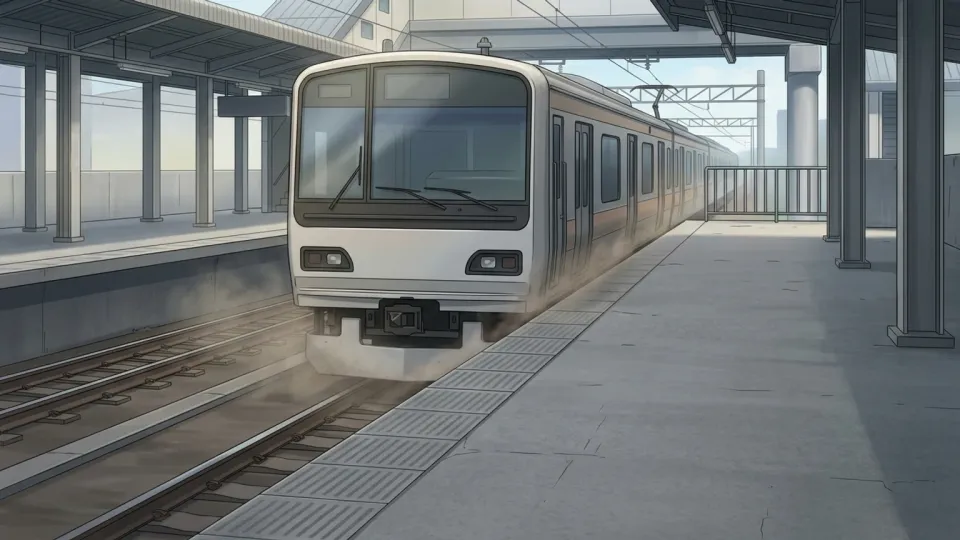 駅のホームに到着する電車。