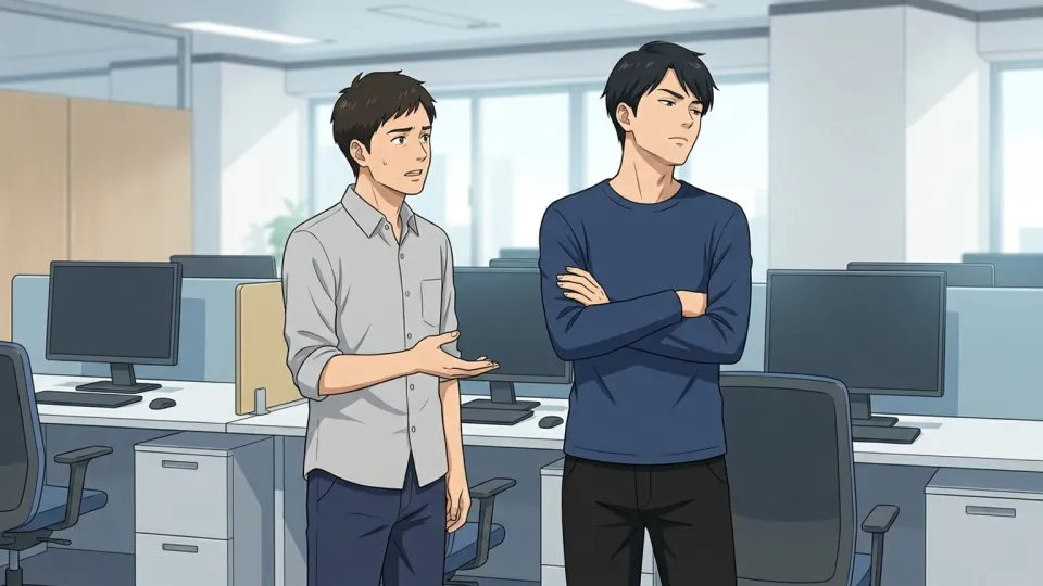 腕を組んで周囲を見下すようにそっぽを向く男性