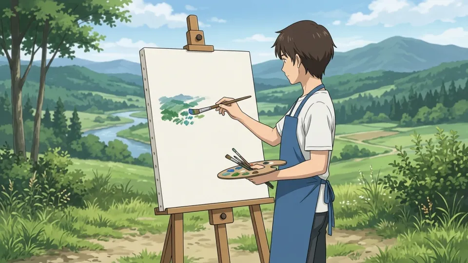 キャンバスに風景画を描く芸術家。