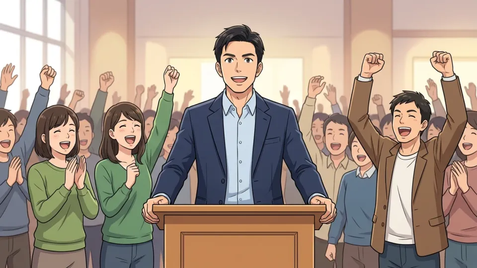 演壇で力強く演説する政治家の様子