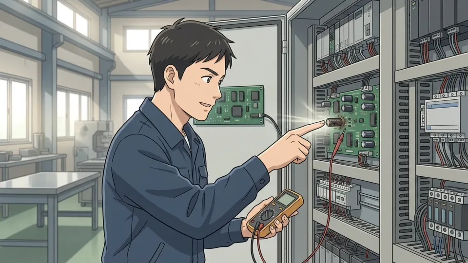 技術者が設備の部品を順に検査し、故障した一つの部品を特定する場面
