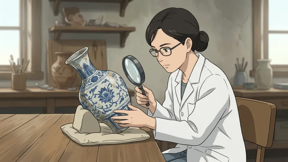 専門家がアンティークの花瓶を調べている様子