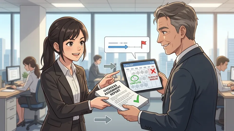 海外支社のオフィスで、ニナが完了した業務報告を上司に渡し、予定表の締め切りより早いことを確認している様子