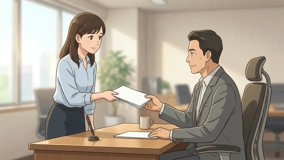 ディレクターに書類を手渡す女性アシスタント