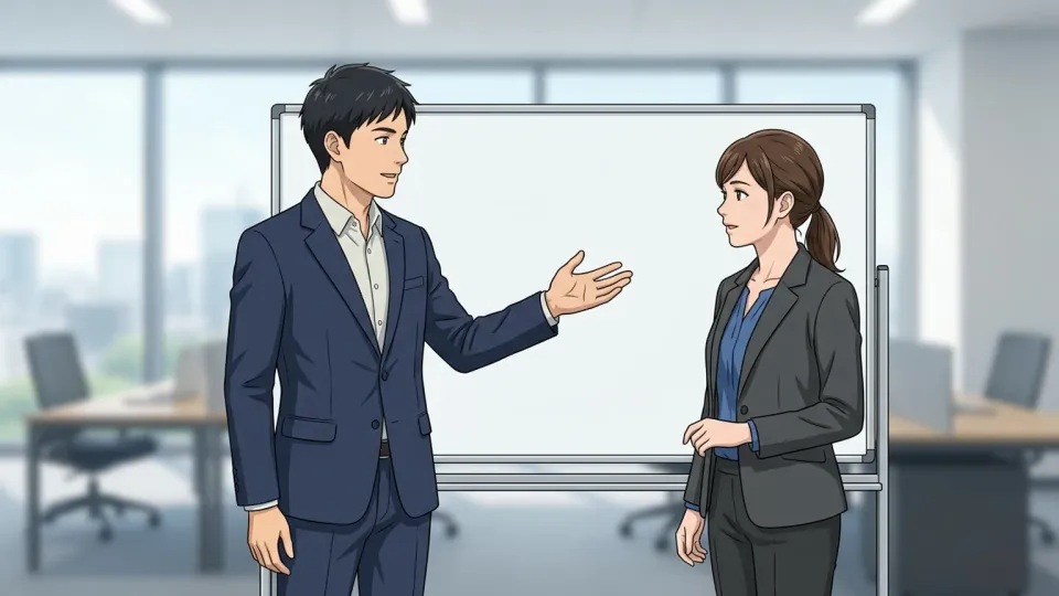 オフィスで同僚と話し合う女性