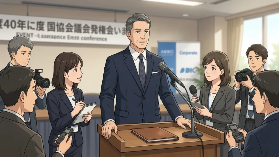 記者の質問に自信を持って答える部長