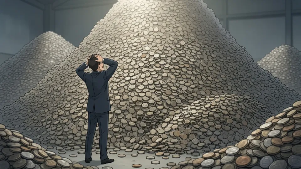 山のように積み上がった借金の硬貨の山に直面し途方に暮れる人物