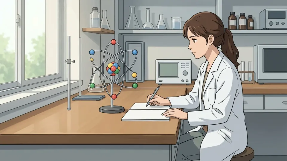 研究室で原子模型を見つめる科学者