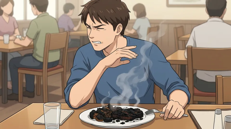 焦げた料理を見て不快そうに眉をひそめる客の様子。