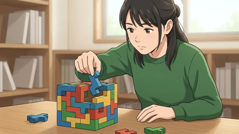 女性がパズルに手を伸ばしているイラスト