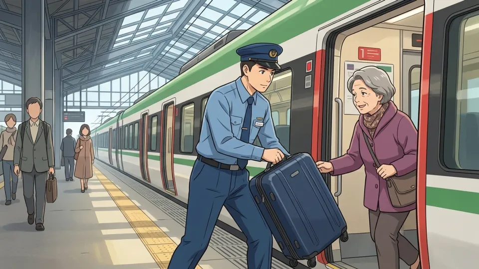 駅の係員が乗客のかばんを列車内へ運ぶのを手伝っている様子