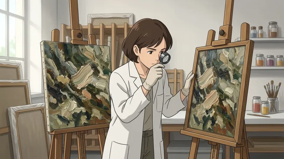 専門家が絵画の作者を確認している様子
