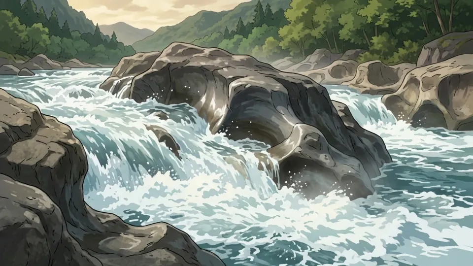 川の水によって岩が削り取られている様子