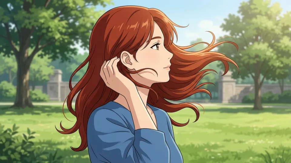 赤褐色の髪をした女性の側面