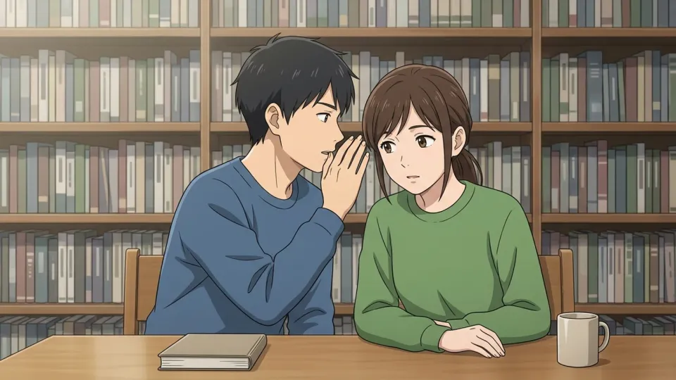静かな部屋でささやき声を聞き取る女性
