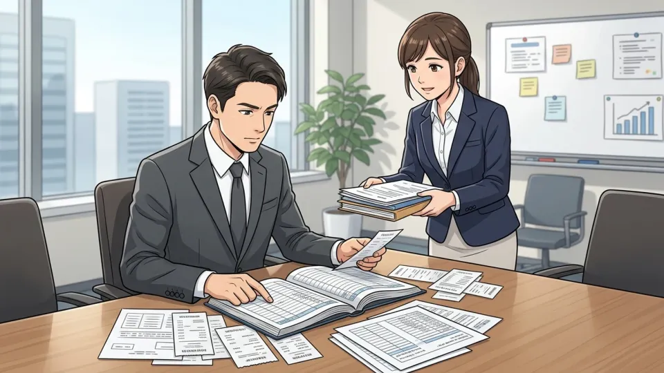 会社の経費記録を調べる外部監査人