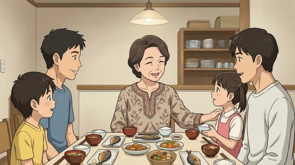 夕食を一緒に楽しむおばと家族