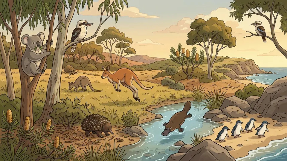 オーストラリアの自然環境にいるカンガルーのイラスト