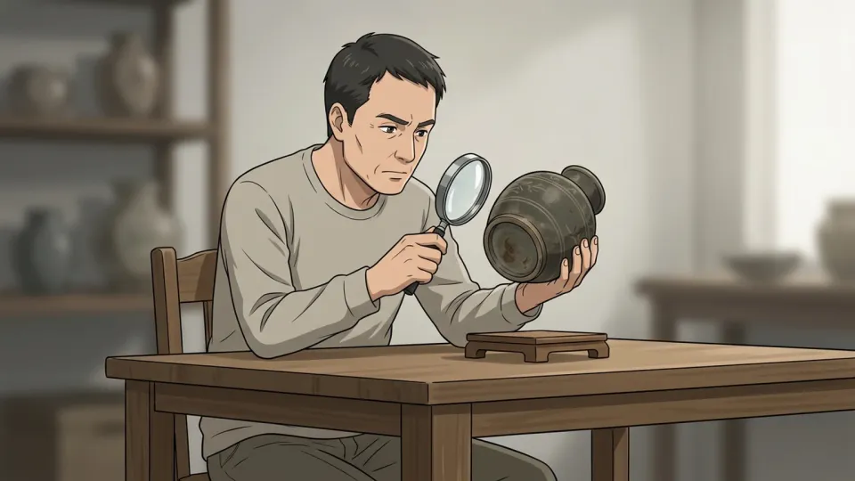 専門家がルーペで古い花瓶の真贋を検査している場面