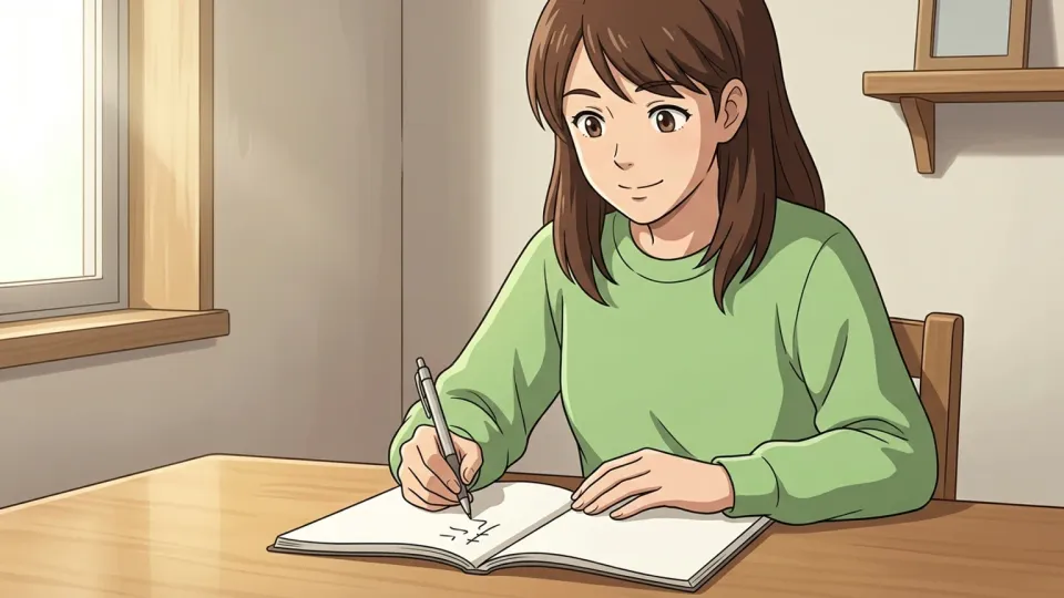 机でペンを持ち執筆する女性のイラスト