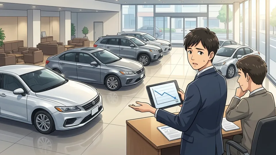 自動車販売店で担当者が四半期の販売台数グラフを見ながら、展示車の並ぶ売り場を確認している様子