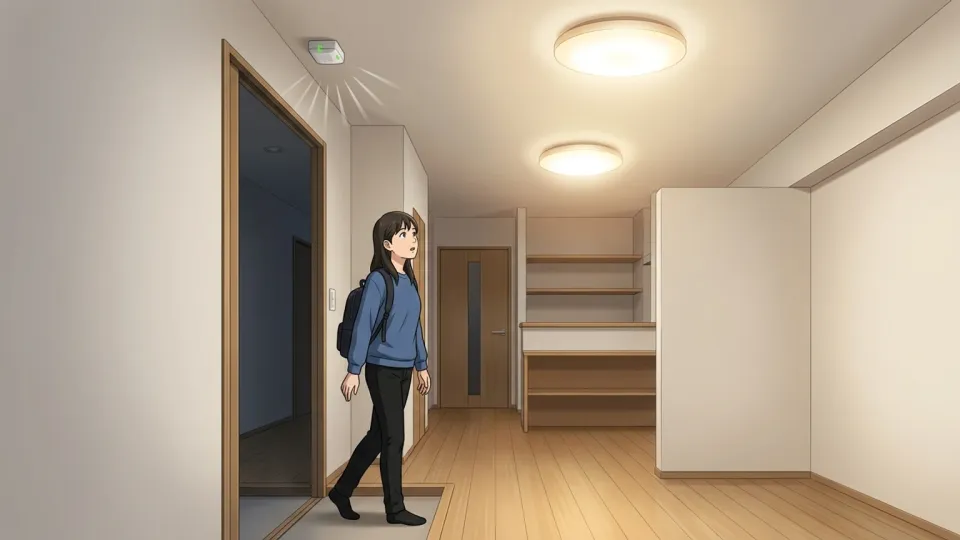 部屋に入ると照明が自動的に点灯する様子