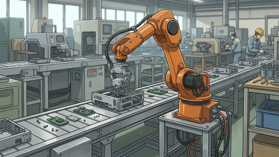 工場での自動化された組み立て作業の様子