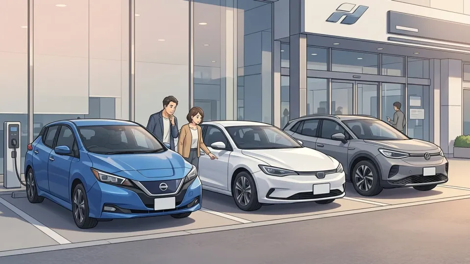 販売店の入口に展示された3台の電気自動車