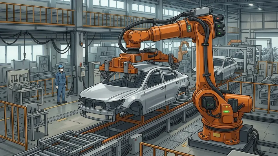 工場のラインでロボットが自動車のボディを組み立てている様子