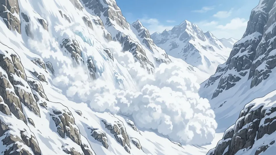山肌を流れ落ちる雪崩の様子