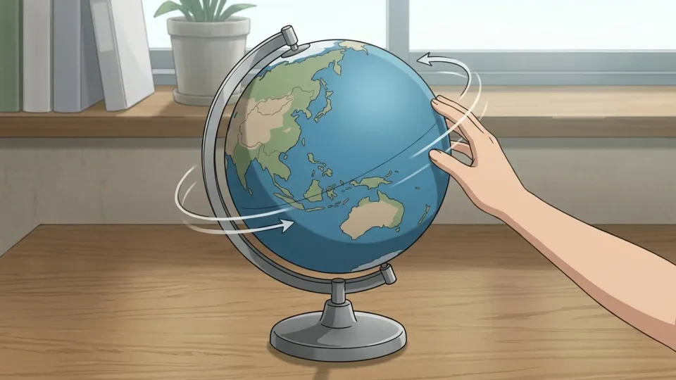回転軸を中心に回る地球儀のイラスト