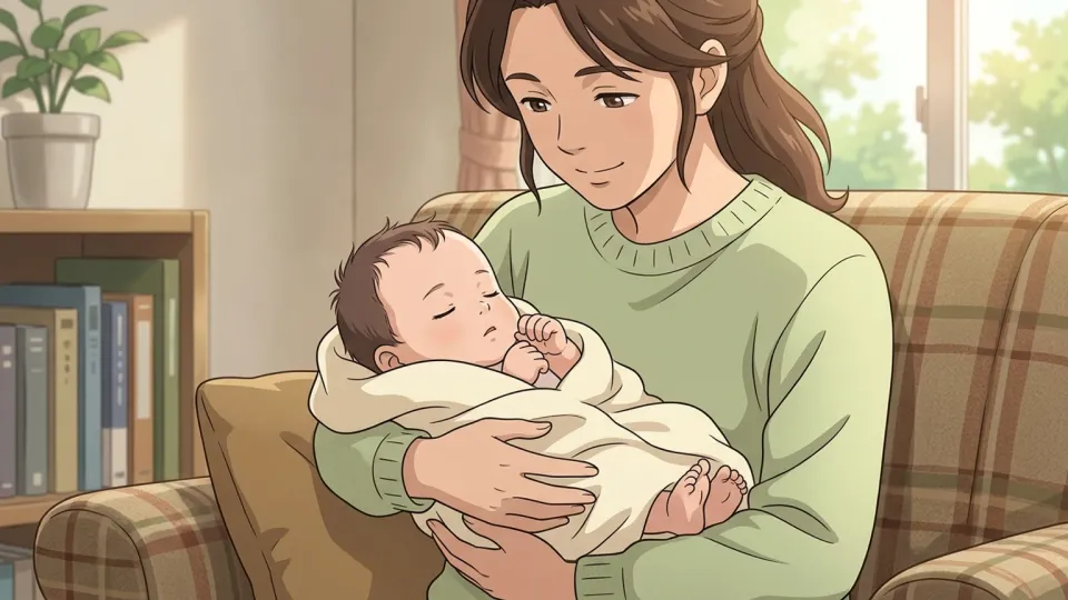 腕の中で眠る赤ん坊を抱く母親