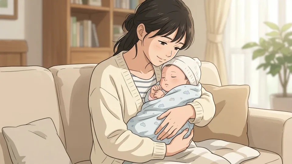 母親が腕の中に赤ん坊を抱いている