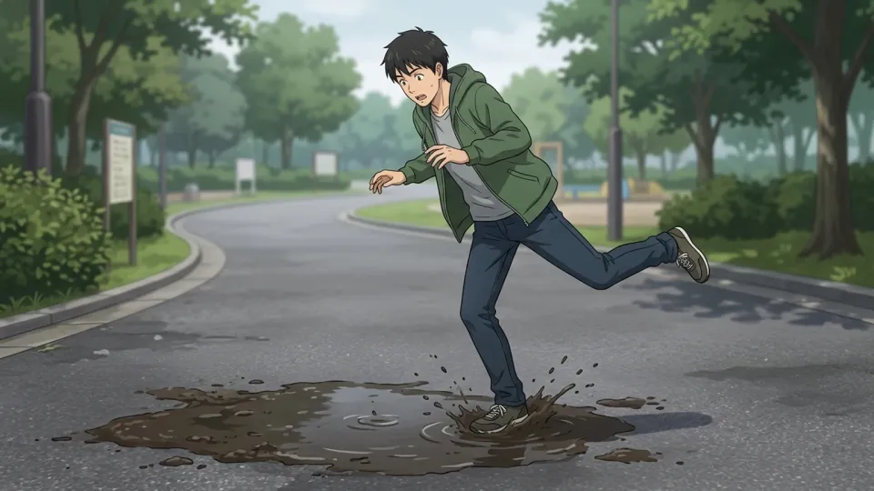 水たまりを避けて後ろへ下がる男性