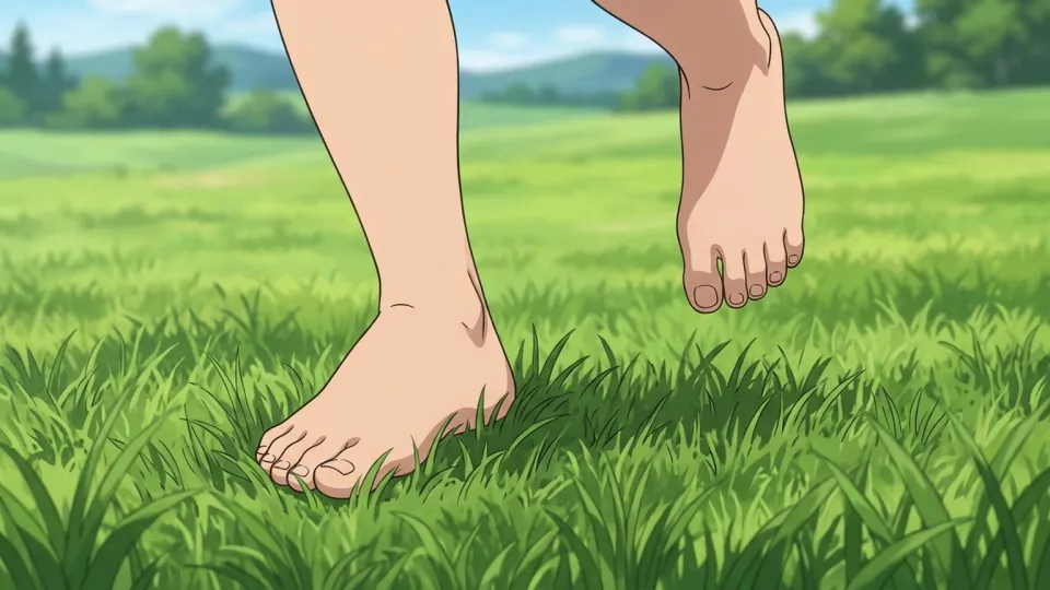 芝生を裸足で走る子供