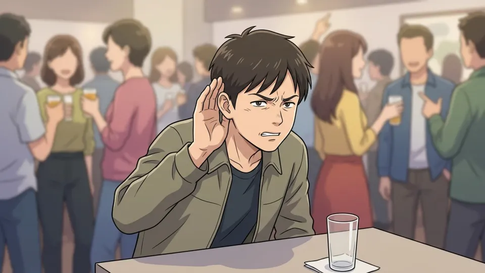 騒音の中でかろうじて声を聞き取ろうとする人