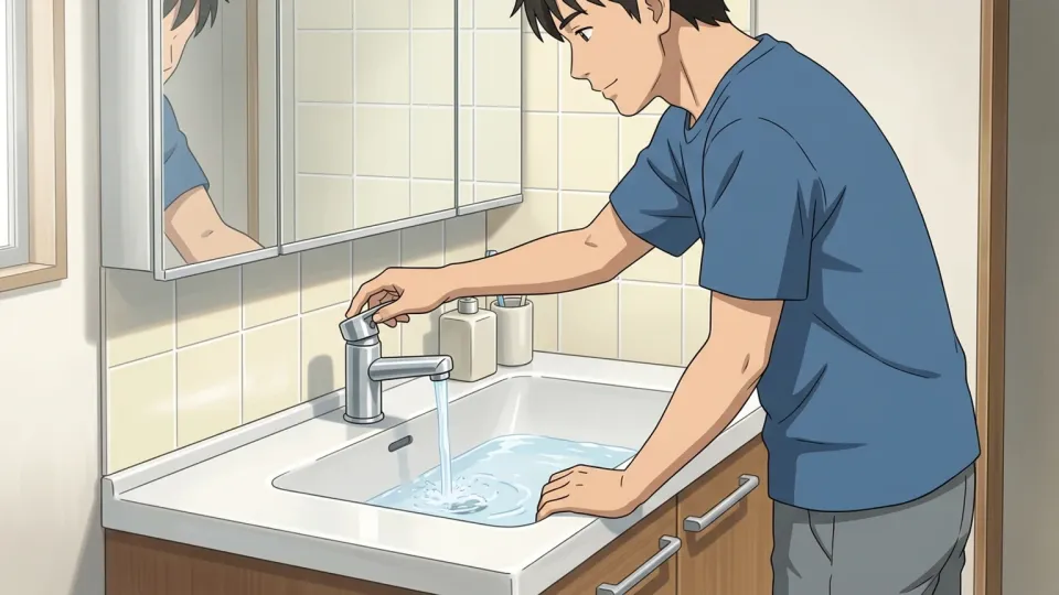 洗面器に水をためる男性